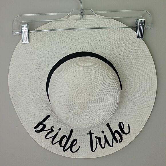 Bride Tribe Sun Hat. Full Brim White with Black Lettering 100% Paper. Floppy Hat - Picture 1 of 4